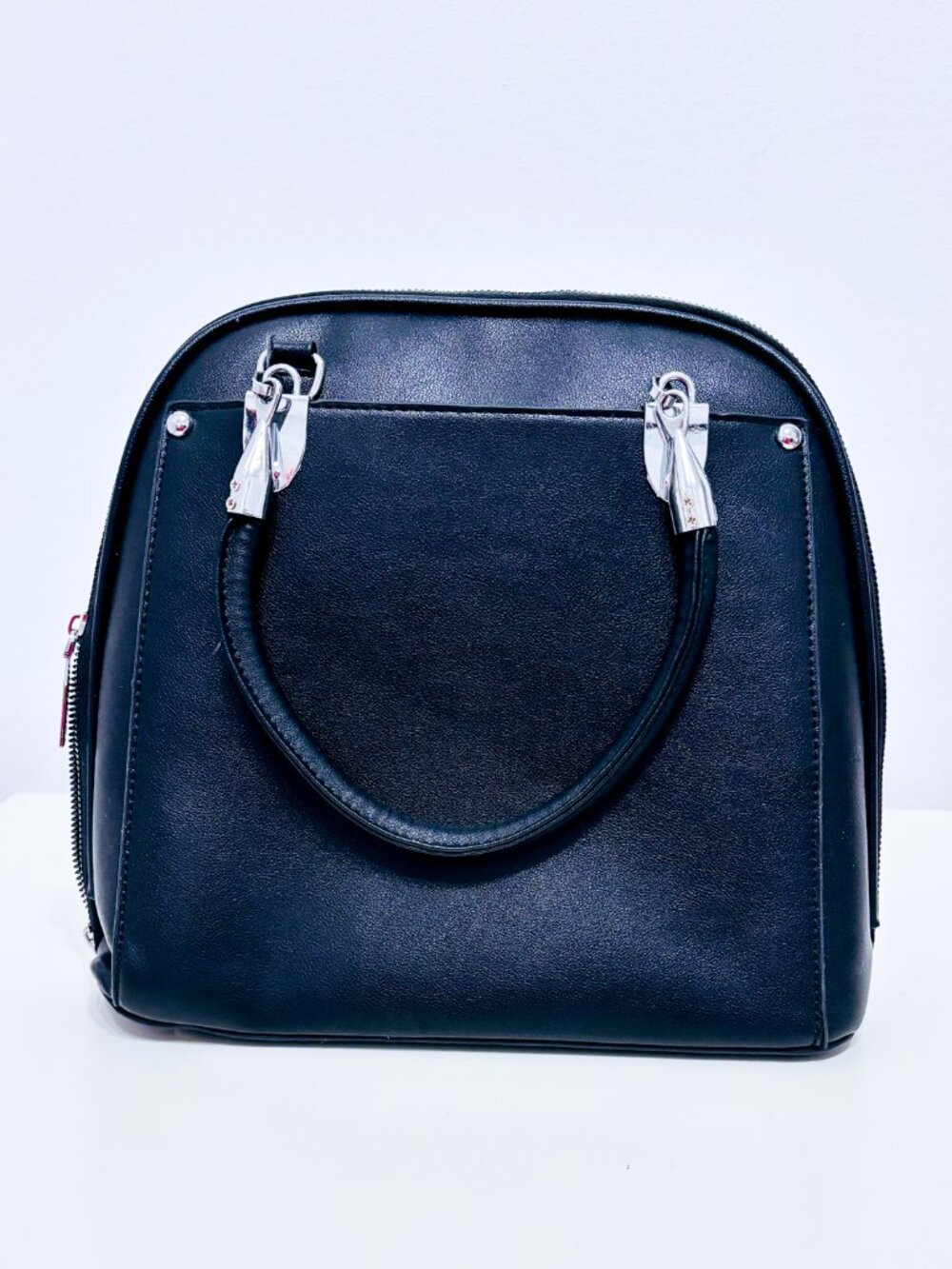 Black Faux Leather Top Handle Backpack Bag Silver Tone Hardware